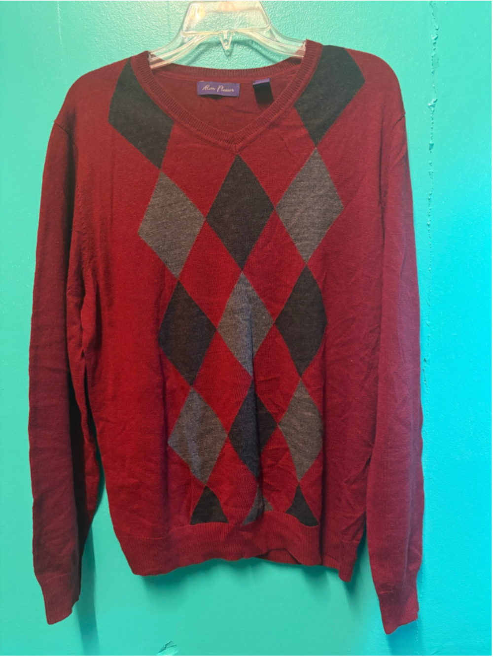 Men's Alan Flusser Argyle V-Neck Sweater XL Red Grey